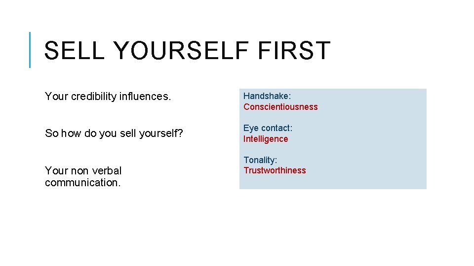 SELL YOURSELF FIRST Your credibility influences. Handshake: Conscientiousness So how do you sell yourself?