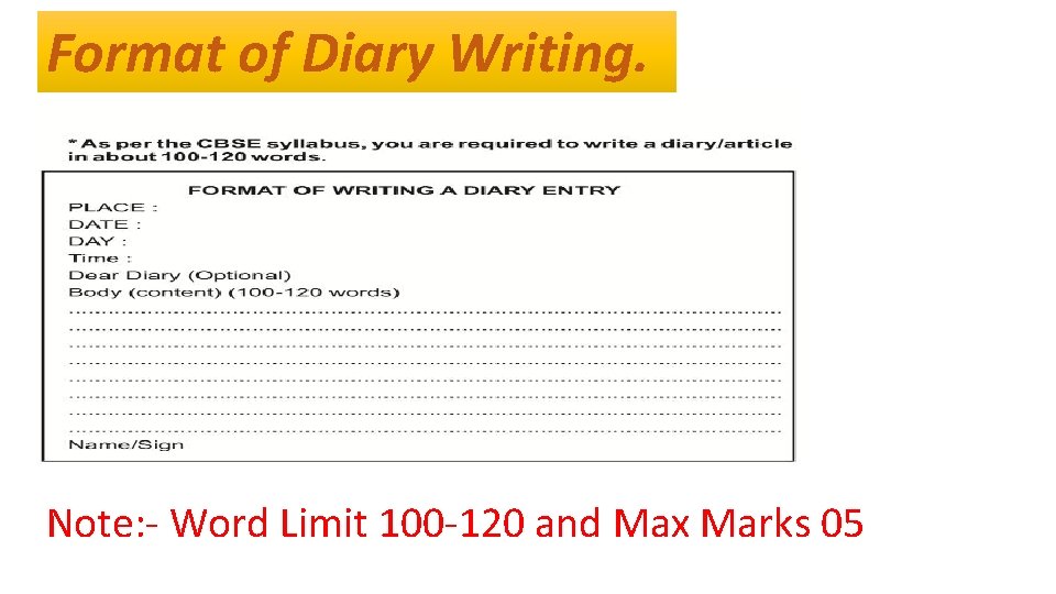 Format of Diary Writing. Note: - Word Limit 100 -120 and Max Marks 05