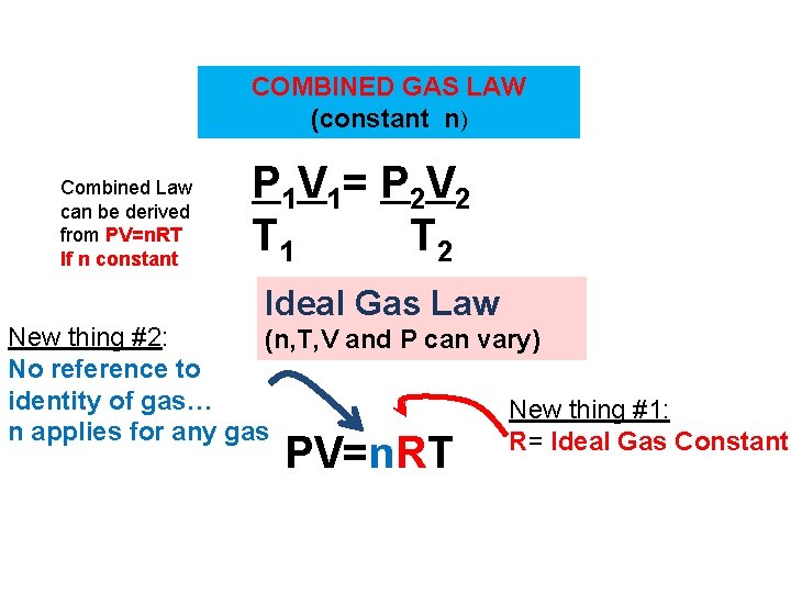 COMBINED GAS LAW (constant n) Combined Law can be derived from PV=n. RT If