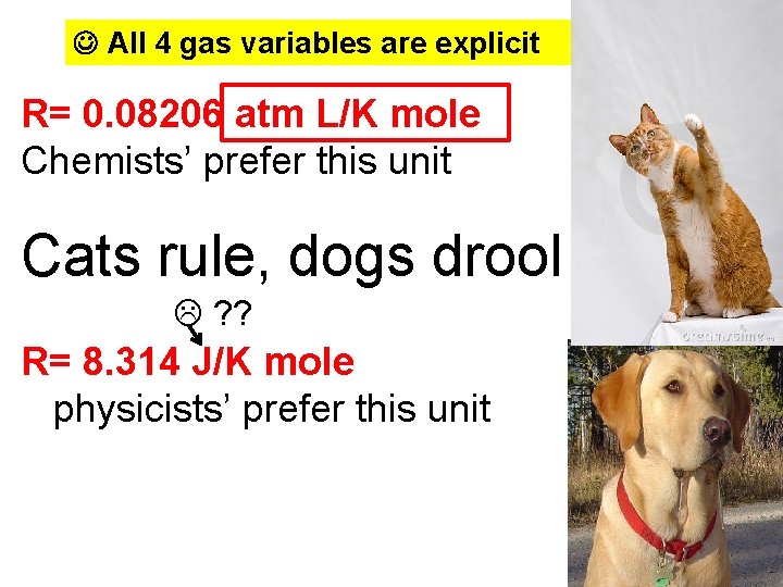  All 4 gas variables are explicit R= 0. 08206 atm L/K mole Chemists’