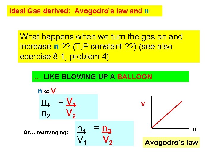 Ideal Gas derived: Avogodro’s law and n What happens when we turn the gas