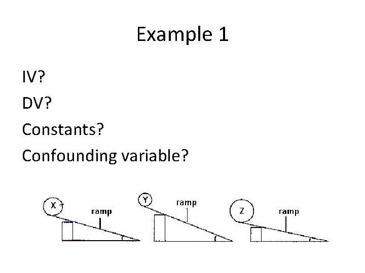 Example 1 IV? DV? Constants? Confounding variable? 