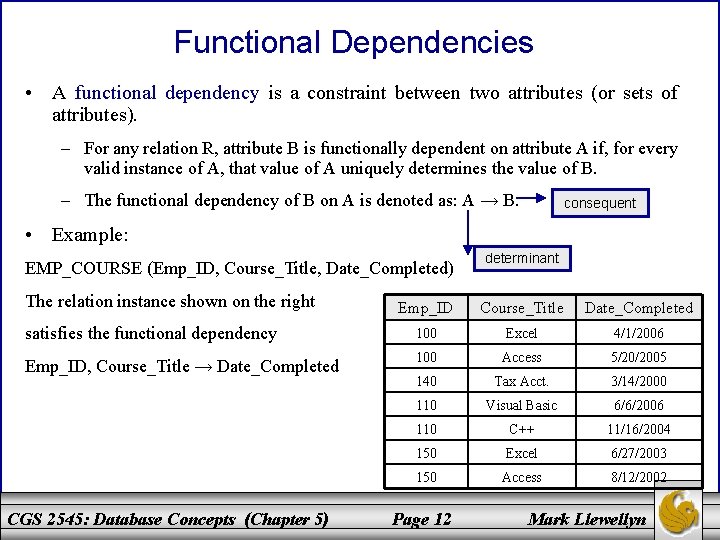 Functional Dependencies • A functional dependency is a constraint between two attributes (or sets