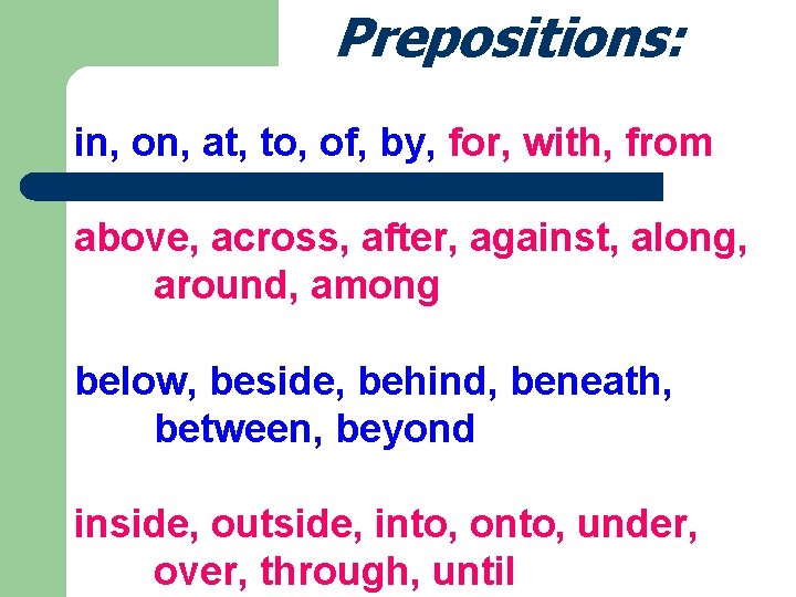 Prepositions: in, on, at, to, of, by, for, with, from above, across, after, against,