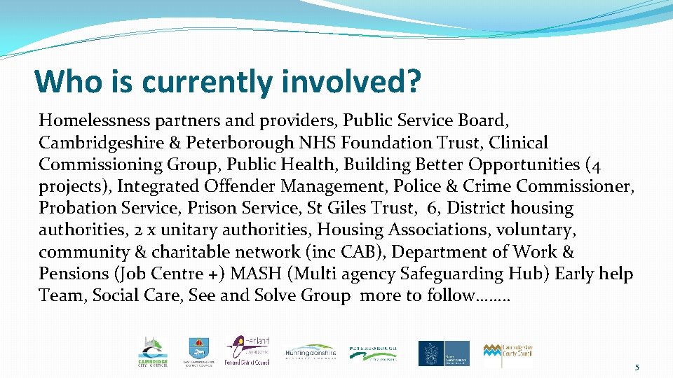 Who is currently involved? Homelessness partners and providers, Public Service Board, Cambridgeshire & Peterborough