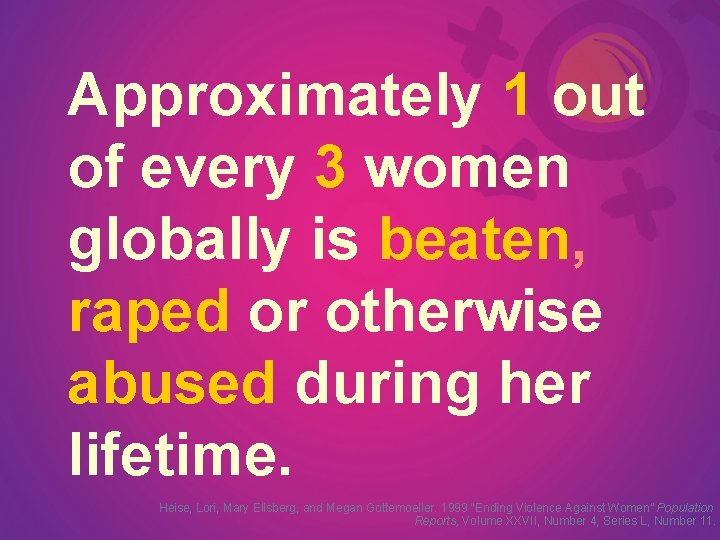 Approximately 1 out of every 3 women globally is beaten, raped or otherwise abused