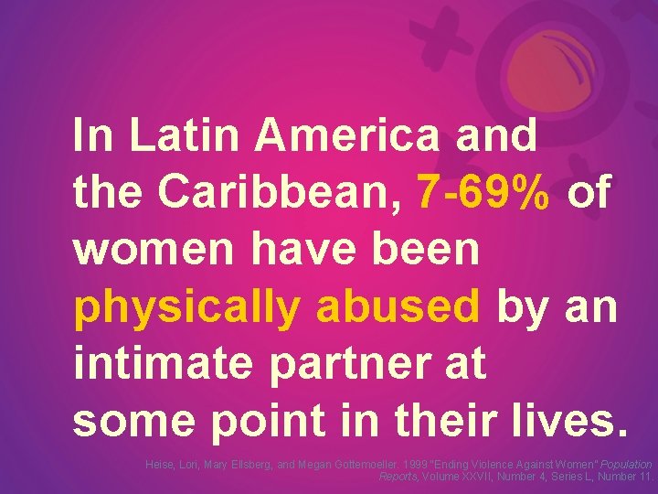 In Latin America and the Caribbean, 7 -69% of women have been physically abused