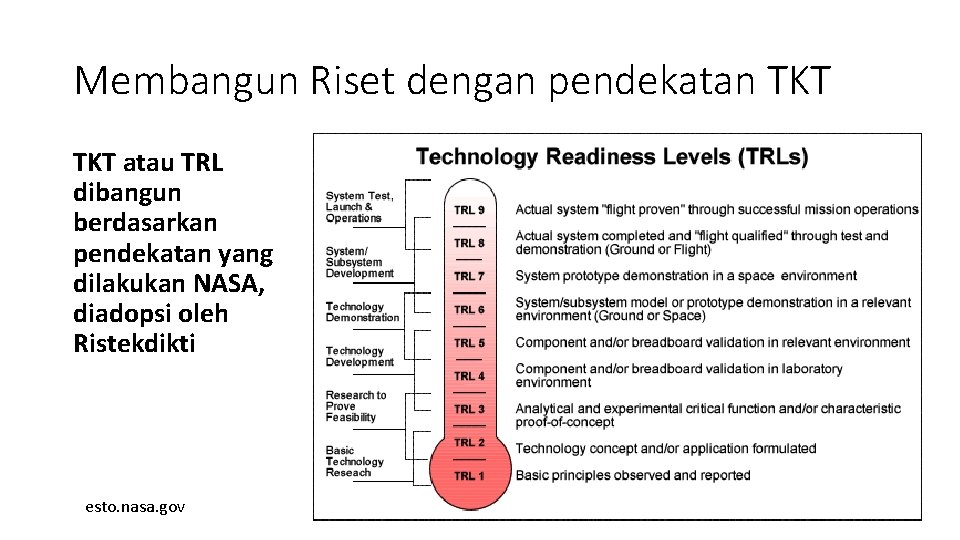 Membangun Riset dengan pendekatan TKT atau TRL dibangun berdasarkan pendekatan yang dilakukan NASA, diadopsi