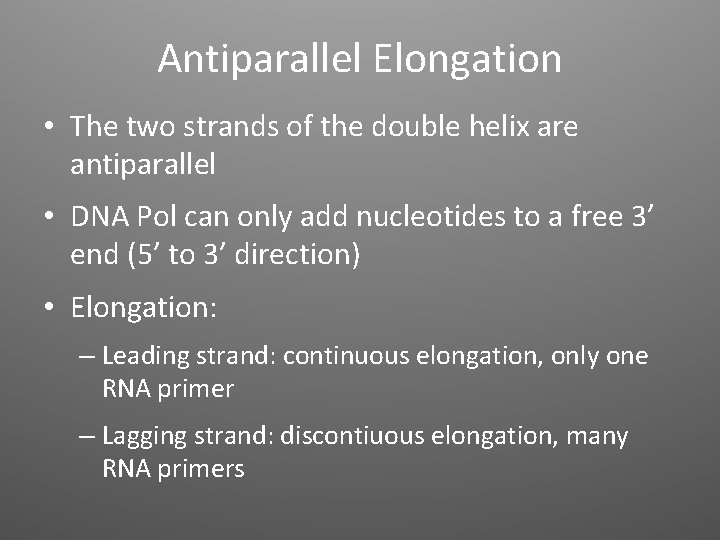 Antiparallel Elongation • The two strands of the double helix are antiparallel • DNA