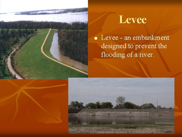 Levee n Levee - an embankment designed to prevent the flooding of a river.