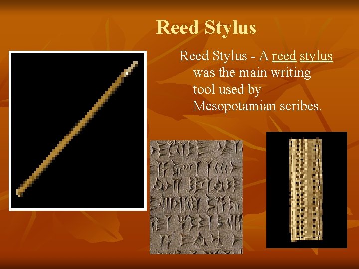 Reed Stylus - A reed stylus was the main writing tool used by Mesopotamian