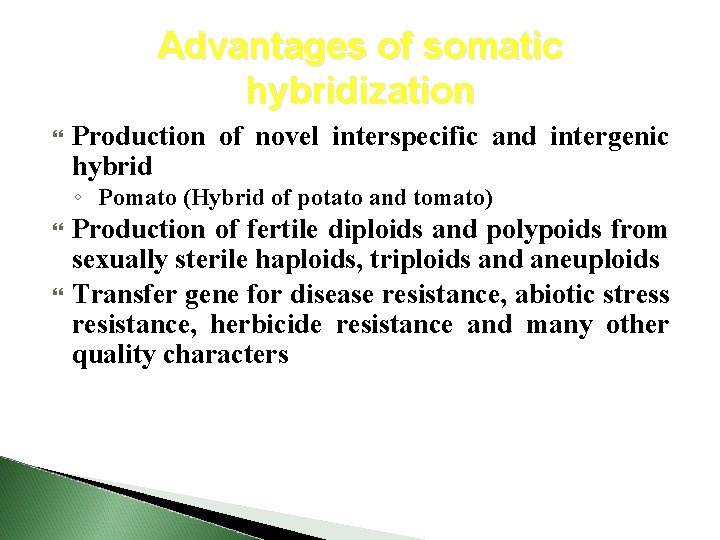 Advantages of somatic hybridization Production of novel interspecific and intergenic hybrid ◦ Pomato (Hybrid
