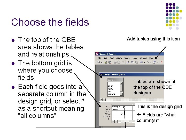 Choose the fields l l l The top of the QBE area shows the