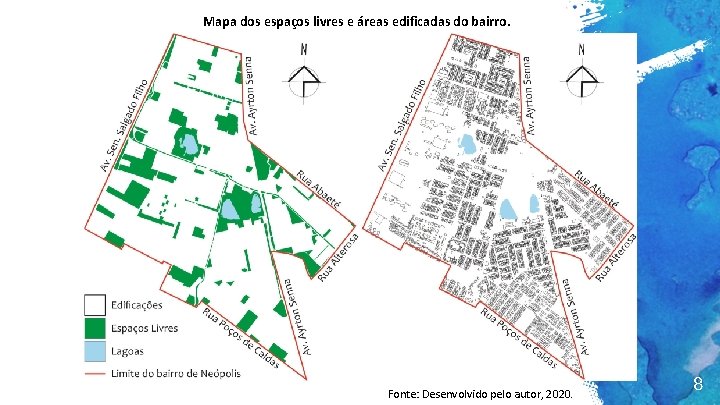 Mapa dos espaços livres e áreas edificadas do bairro. Fonte: Desenvolvido pelo autor, 2020.