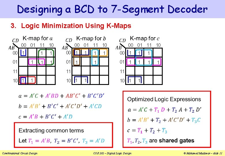 Designing a BCD to 7 -Segment Decoder 3. Logic Minimization Using K-Maps 00 01