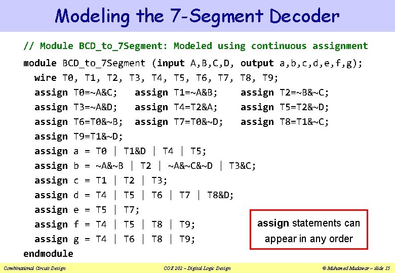 Modeling the 7 -Segment Decoder // Module BCD_to_7 Segment: Modeled using continuous assignment module
