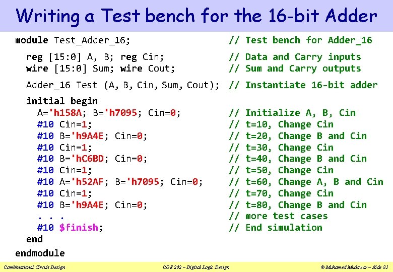Writing a Test bench for the 16 -bit Adder module Test_Adder_16; // Test bench