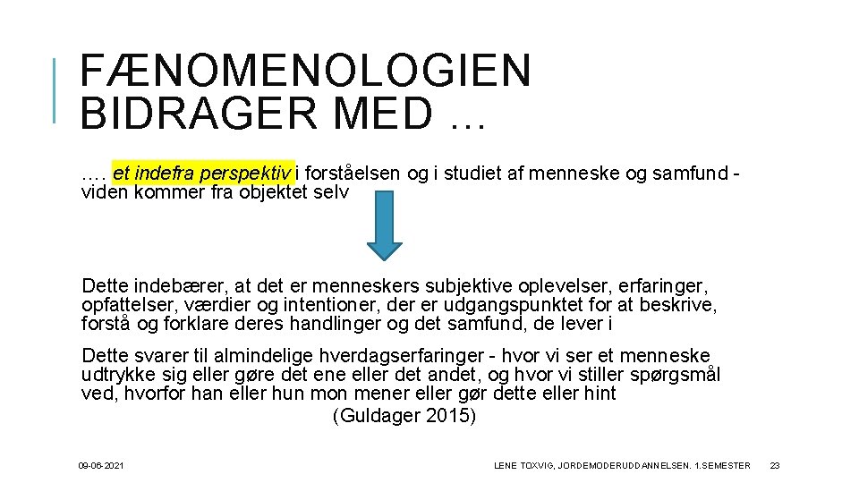 FÆNOMENOLOGIEN BIDRAGER MED … …. et indefra perspektiv i forståelsen og i studiet af