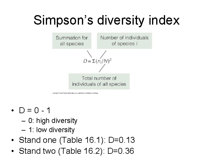 Simpson’s diversity index • D=0 -1 – 0: high diversity – 1: low diversity