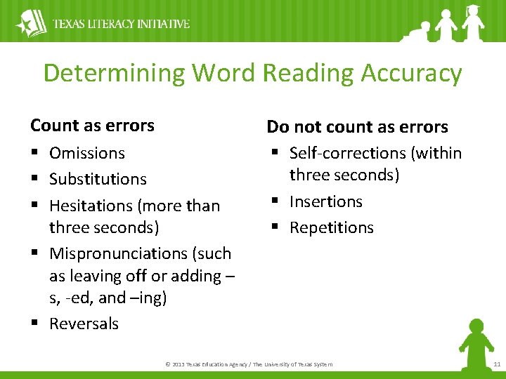 Determining Word Reading Accuracy Count as errors Do not count as errors § Omissions