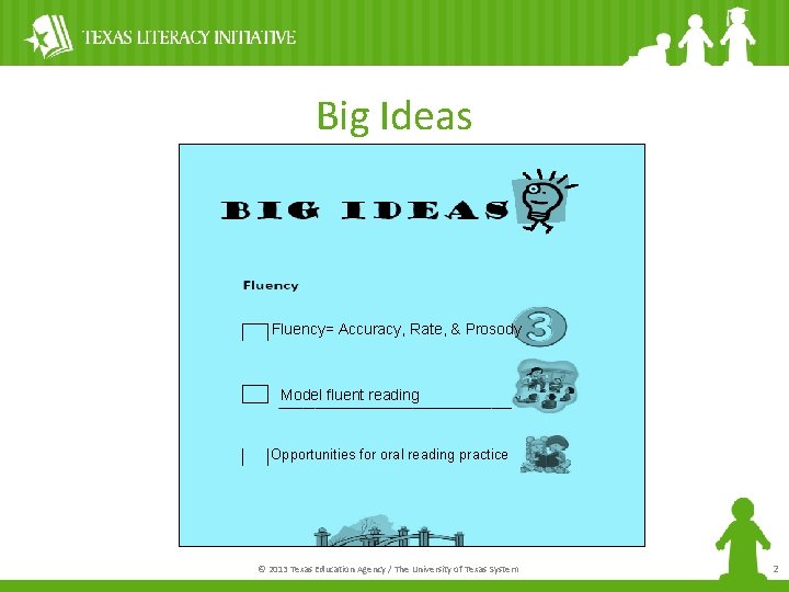 Big Ideas Fluency= Accuracy, Rate, & Prosody Model fluent reading Opportunities for oral reading