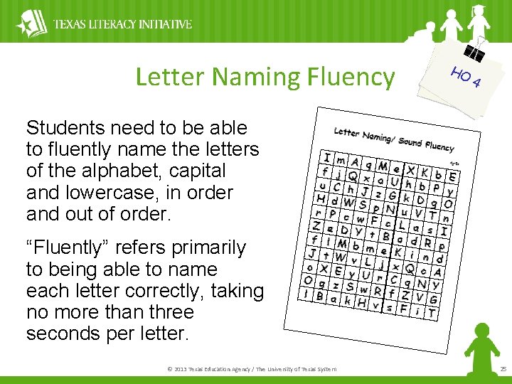 Letter Naming Fluency HO 4 Students need to be able to fluently name the