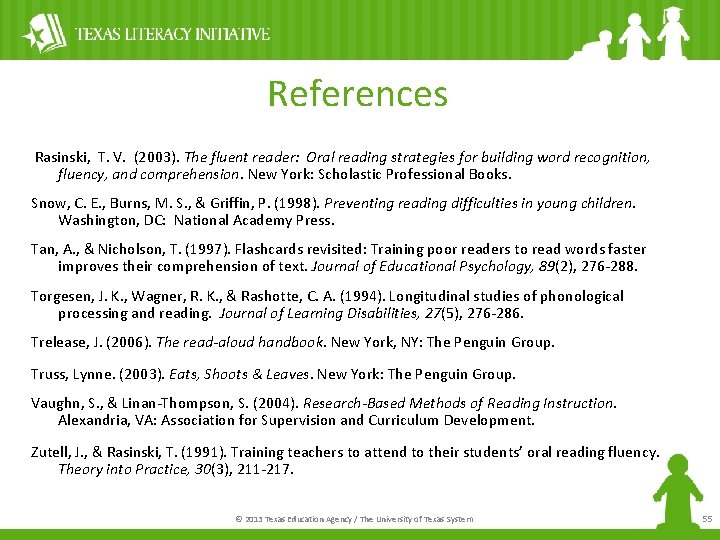 References Rasinski, T. V. (2003). The fluent reader: Oral reading strategies for building word