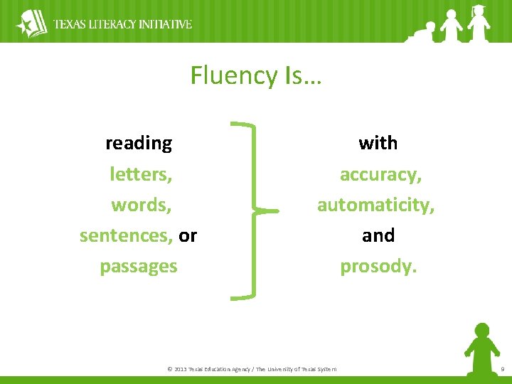 Fluency Is… reading letters, words, sentences, or passages with accuracy, automaticity, and prosody. ©