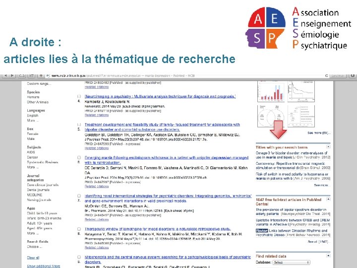 A droite : articles lies à la thématique de recherche 