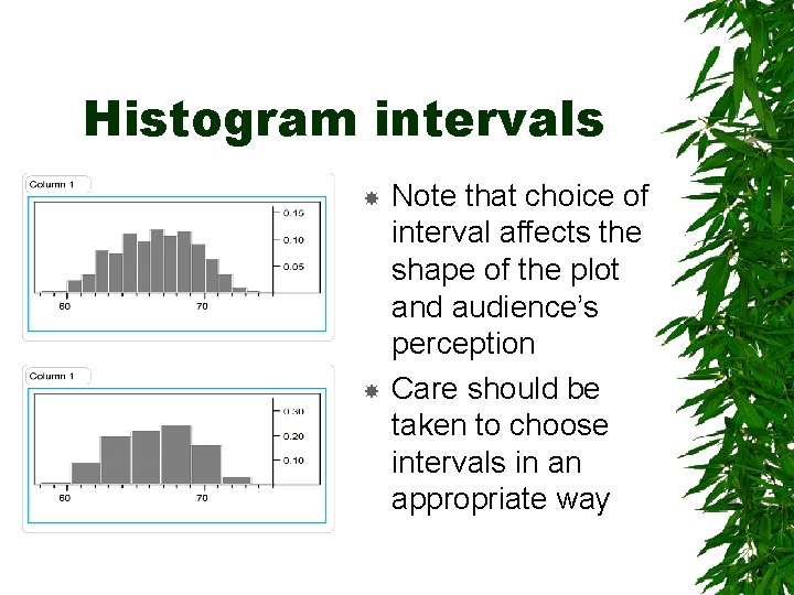 Histogram intervals Note that choice of interval affects the shape of the plot and