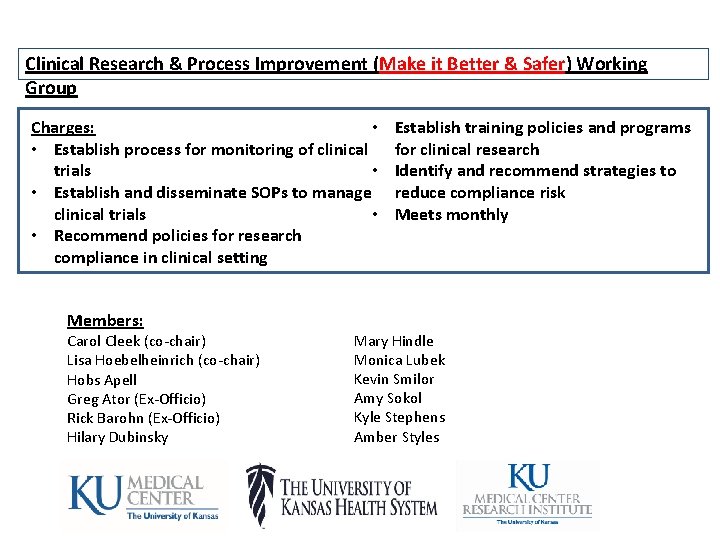 Clinical Research & Process Improvement (Make it Better & Safer) Working Group • Charges: