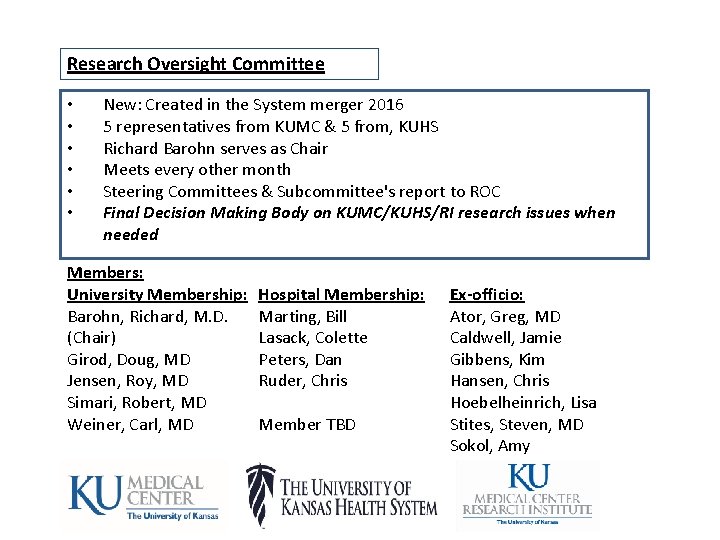 Research Oversight Committee • • • New: Created in the System merger 2016 5