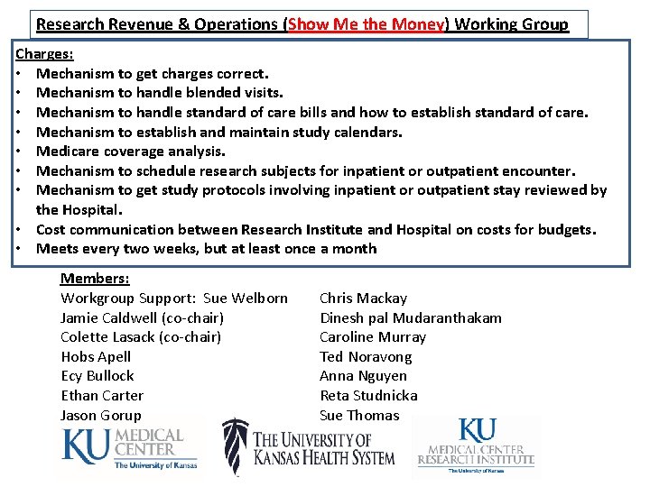 Research Revenue & Operations (Show Me the Money) Working Group Charges: • Mechanism to