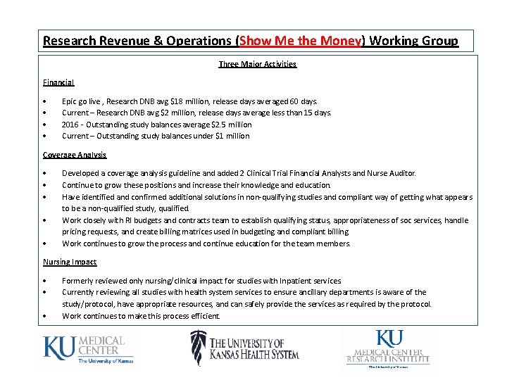 Research Revenue & Operations (Show Me the Money) Working Group Three Major Activities Financial