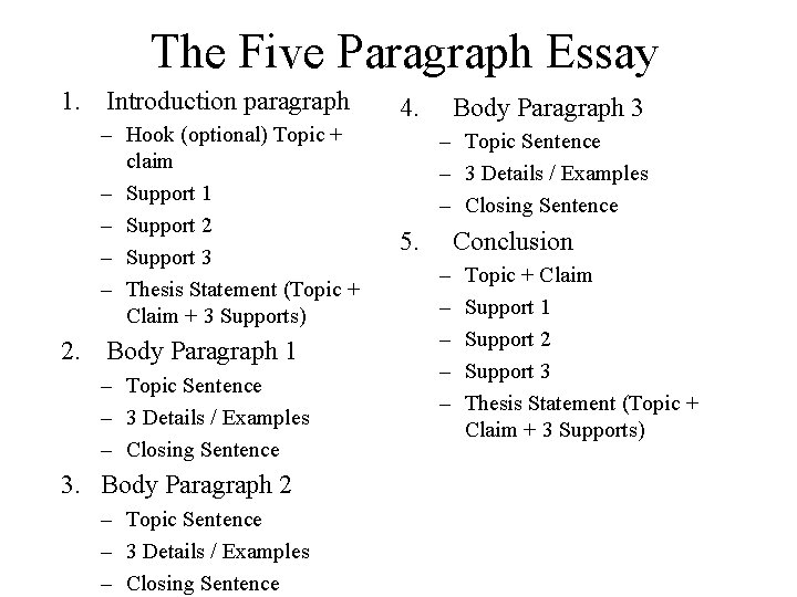 The Five Paragraph Essay 1. Introduction paragraph – Hook (optional) Topic + claim – The Five Paragraph Essay 1. Introduction paragraph – Hook (optional) Topic + claim –