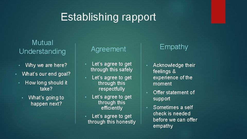 Establishing rapport Mutual Understanding Why we are here? • What’s our end goal? •