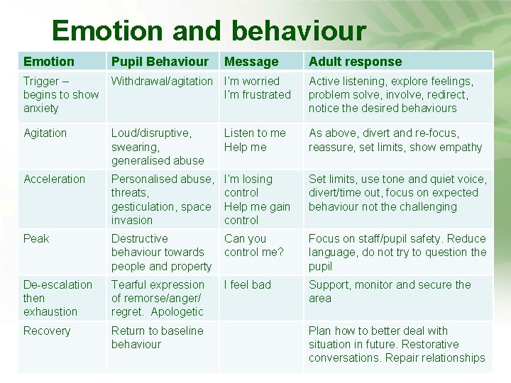 Emotion and behaviour Pupil Behaviour Message Adult response Trigger – begins to show anxiety