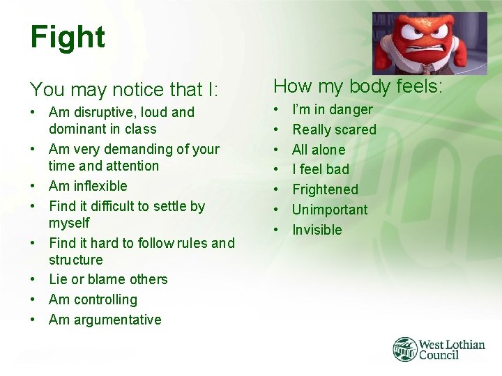 Fight You may notice that I: How my body feels: • Am disruptive, loud