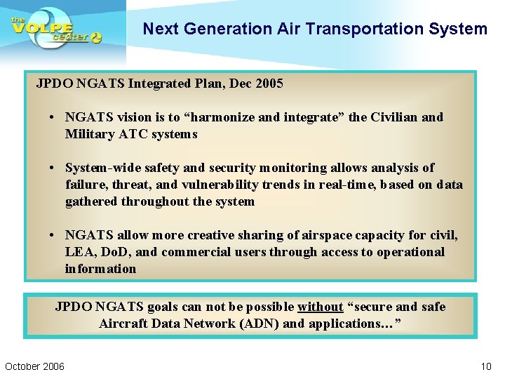 Next Generation Air Transportation System JPDO NGATS Integrated Plan, Dec 2005 • NGATS vision