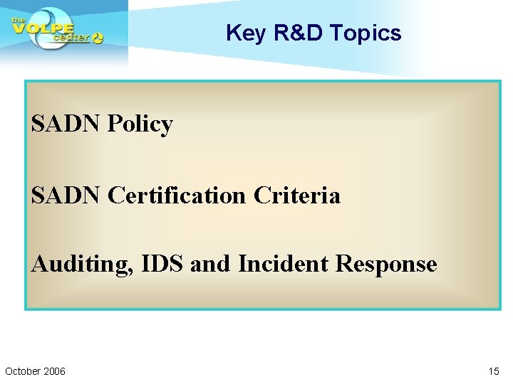 Key R&D Topics SADN Policy SADN Certification Criteria Auditing, IDS and Incident Response October