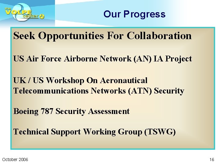 Our Progress Seek Opportunities For Collaboration US Air Force Airborne Network (AN) IA Project