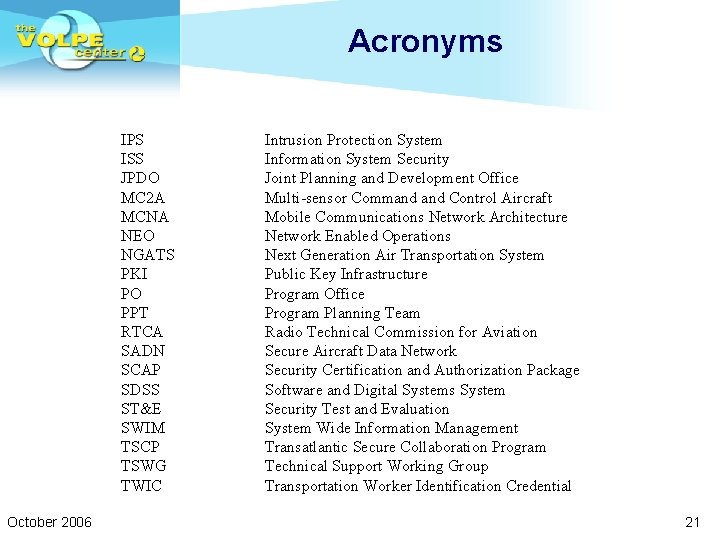 Acronyms IPS ISS JPDO MC 2 A MCNA NEO NGATS PKI PO PPT RTCA