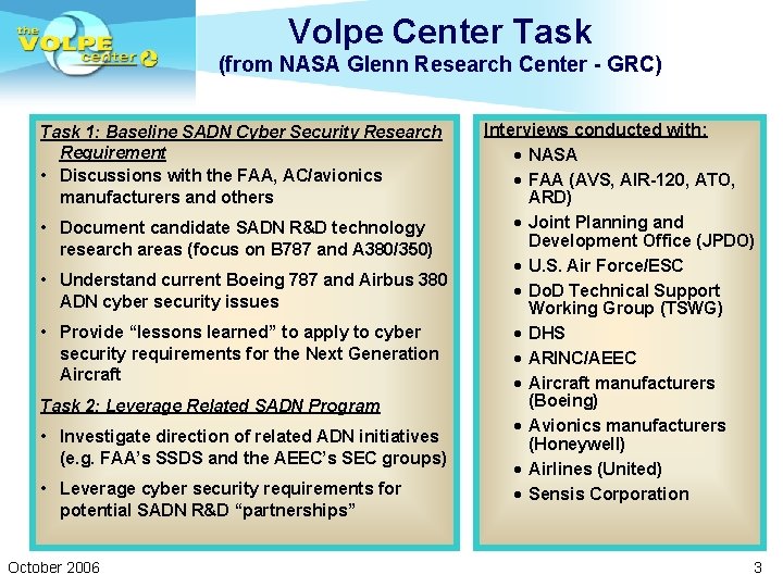 Volpe Center Task (from NASA Glenn Research Center - GRC) Task 1: Baseline SADN