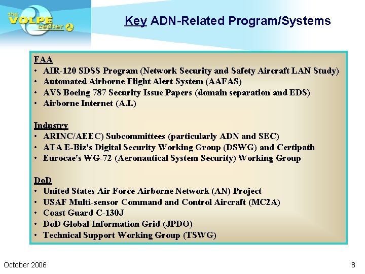 Key ADN-Related Program/Systems FAA • AIR-120 SDSS Program (Network Security and Safety Aircraft LAN