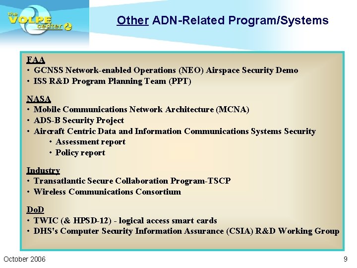 Other ADN-Related Program/Systems FAA • GCNSS Network-enabled Operations (NEO) Airspace Security Demo • ISS