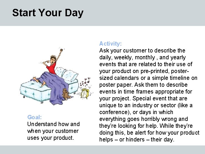 Start Your Day Goal: Understand how and when your customer uses your product. Activity: