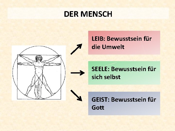 DER MENSCH LEIB: Bewusstsein für die Umwelt SEELE: Bewusstsein für sich selbst GEIST: Bewusstsein