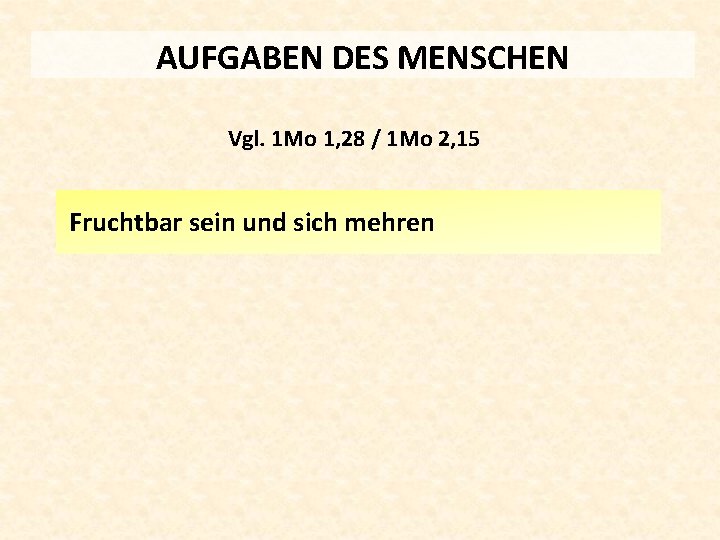 AUFGABEN DES MENSCHEN Vgl. 1 Mo 1, 28 / 1 Mo 2, 15 Fruchtbar