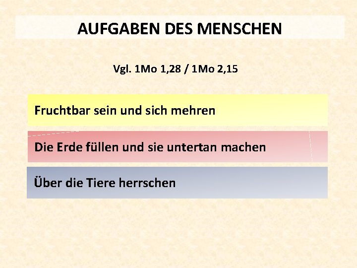 AUFGABEN DES MENSCHEN Vgl. 1 Mo 1, 28 / 1 Mo 2, 15 Fruchtbar