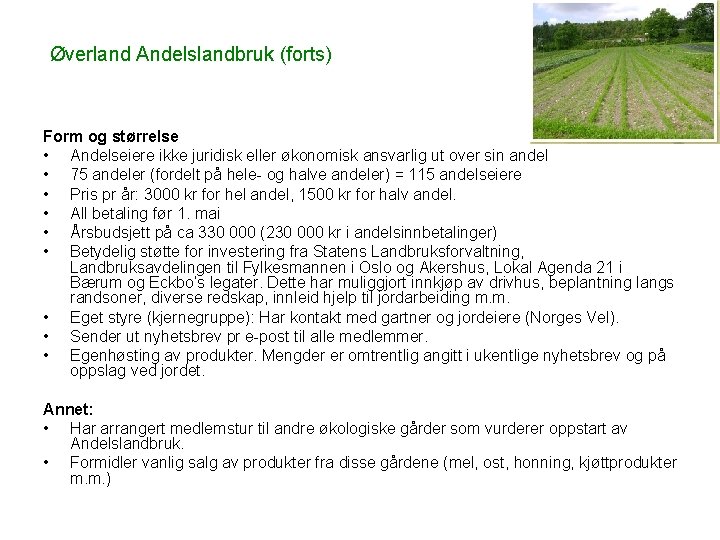 Øverland Andelslandbruk (forts) Form og størrelse • Andelseiere ikke juridisk eller økonomisk ansvarlig ut